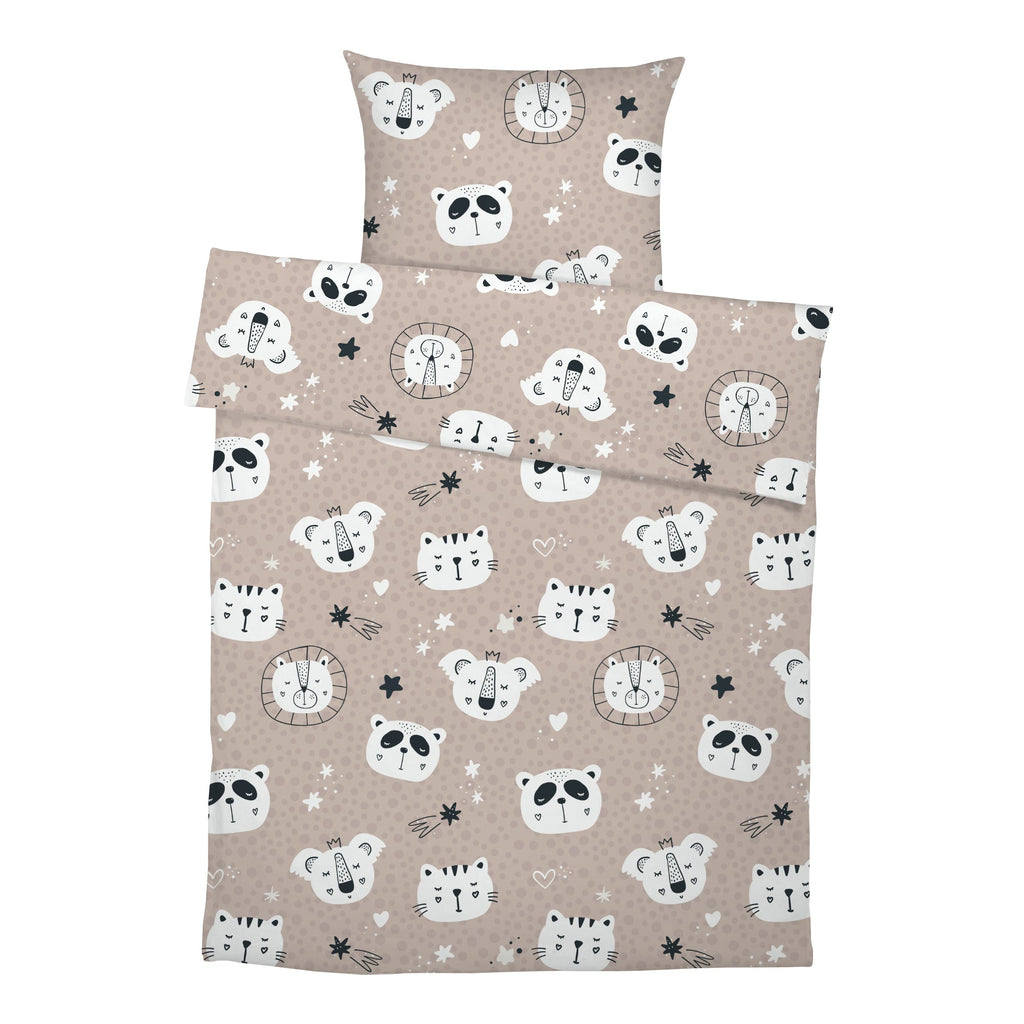 Kinderbettwäsche mit niedlichen Tiermotiven, Panda, Koala, Löwe und Katze auf beige Punktemuster