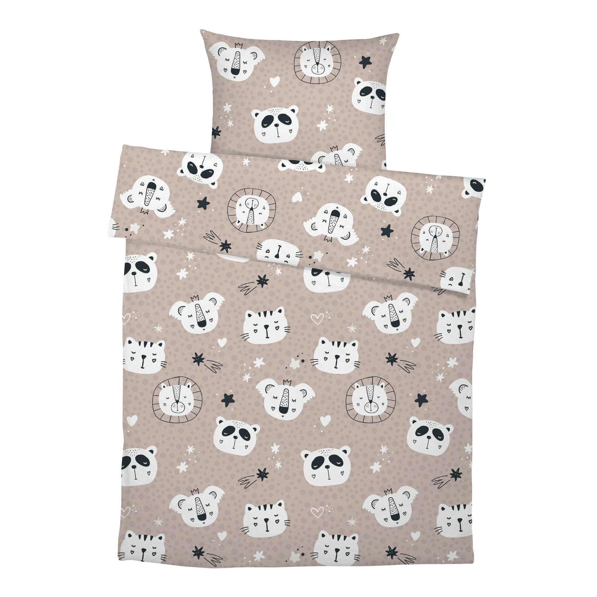 Kinderbettwäsche mit niedlichen Tiermotiven, Panda, Koala, Löwe und Katze auf beige Punktemuster