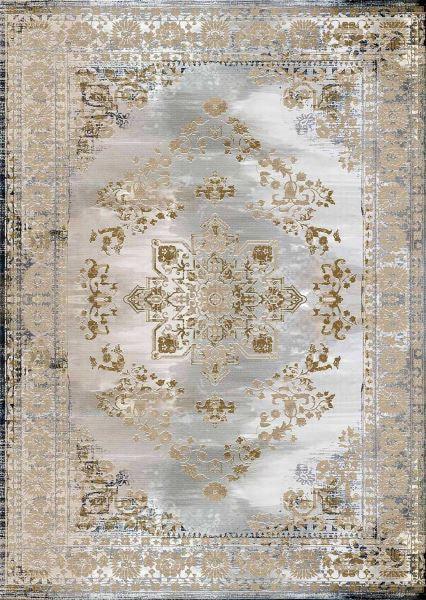 Waschbarer Bambusteppich mit vintage Ornamenten in Beige & Silber, ideal für moderne Wohnräume