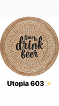 Round natural fiber rug with 'time to drink beer' text, decorative woven jute mat.