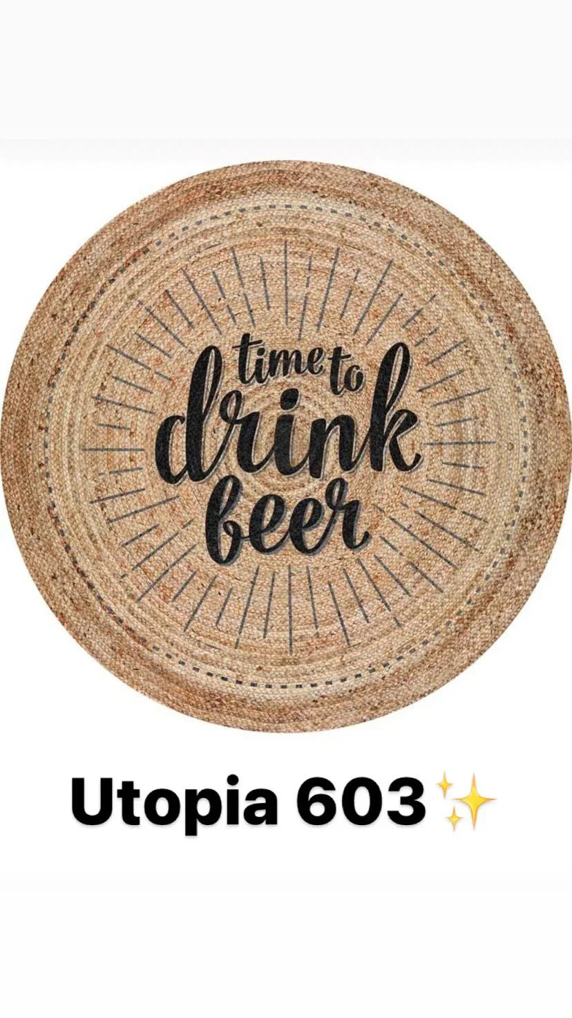 Round natural fiber rug with 'time to drink beer' text, decorative woven jute mat.