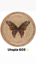 Round natural braided rug with colorful butterfly design at center, washable home decor