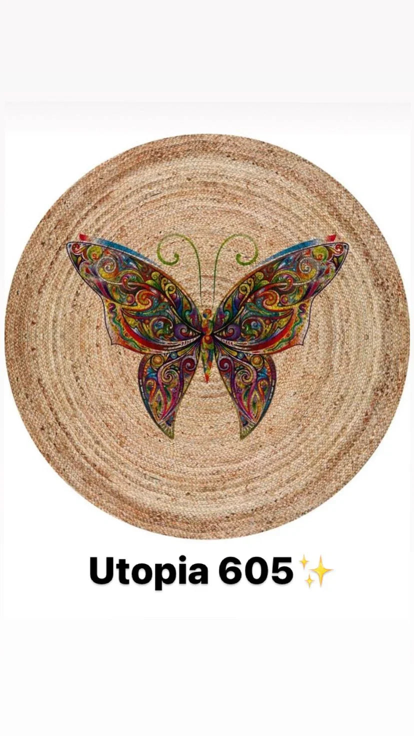 Round natural braided rug with colorful butterfly design at center, washable home decor