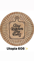 Round kitchen rug with cutting board design and 'My Kitchen My Rules' text, natural woven texture.