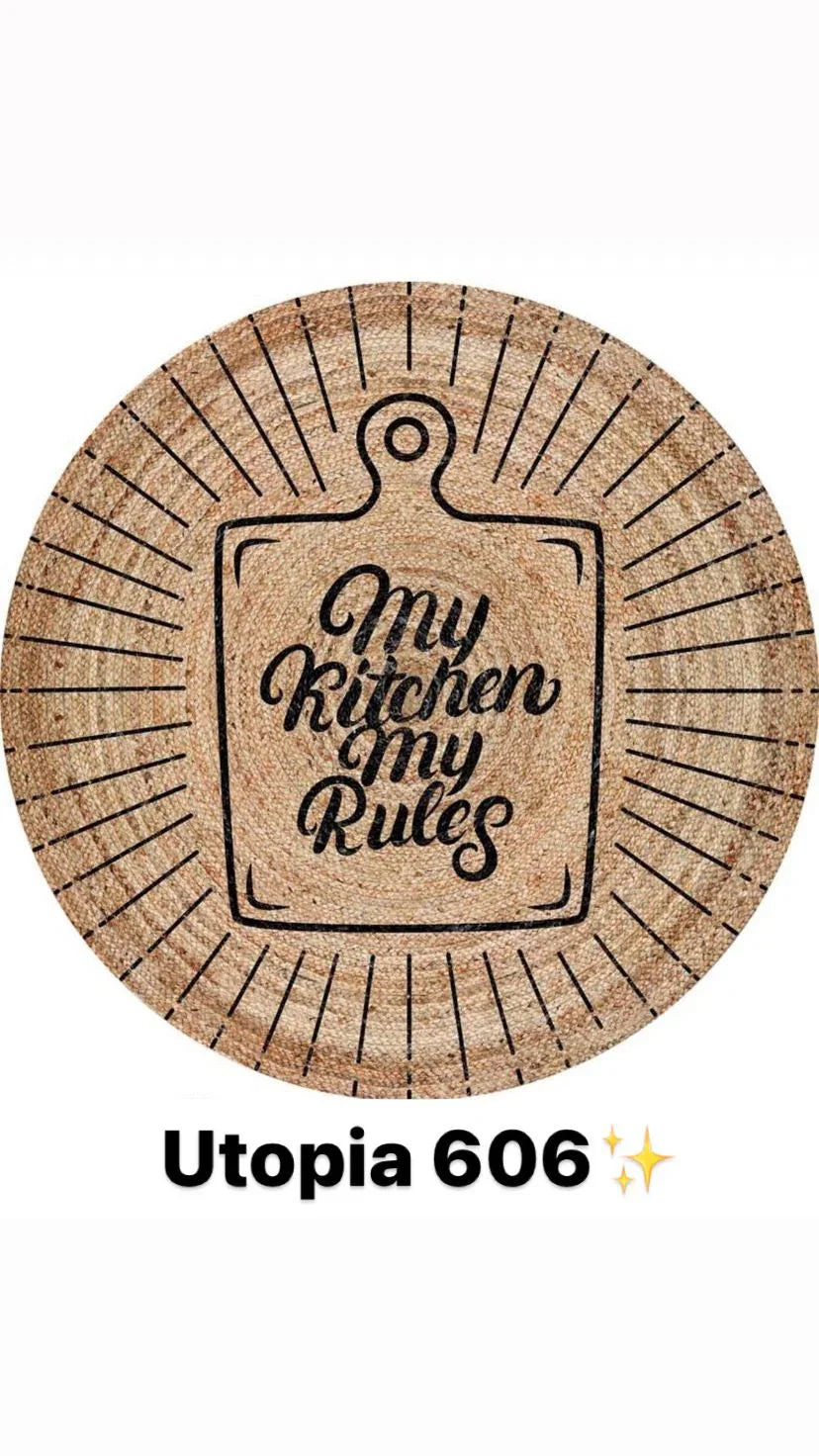 Round kitchen rug with cutting board design and 'My Kitchen My Rules' text, natural woven texture.