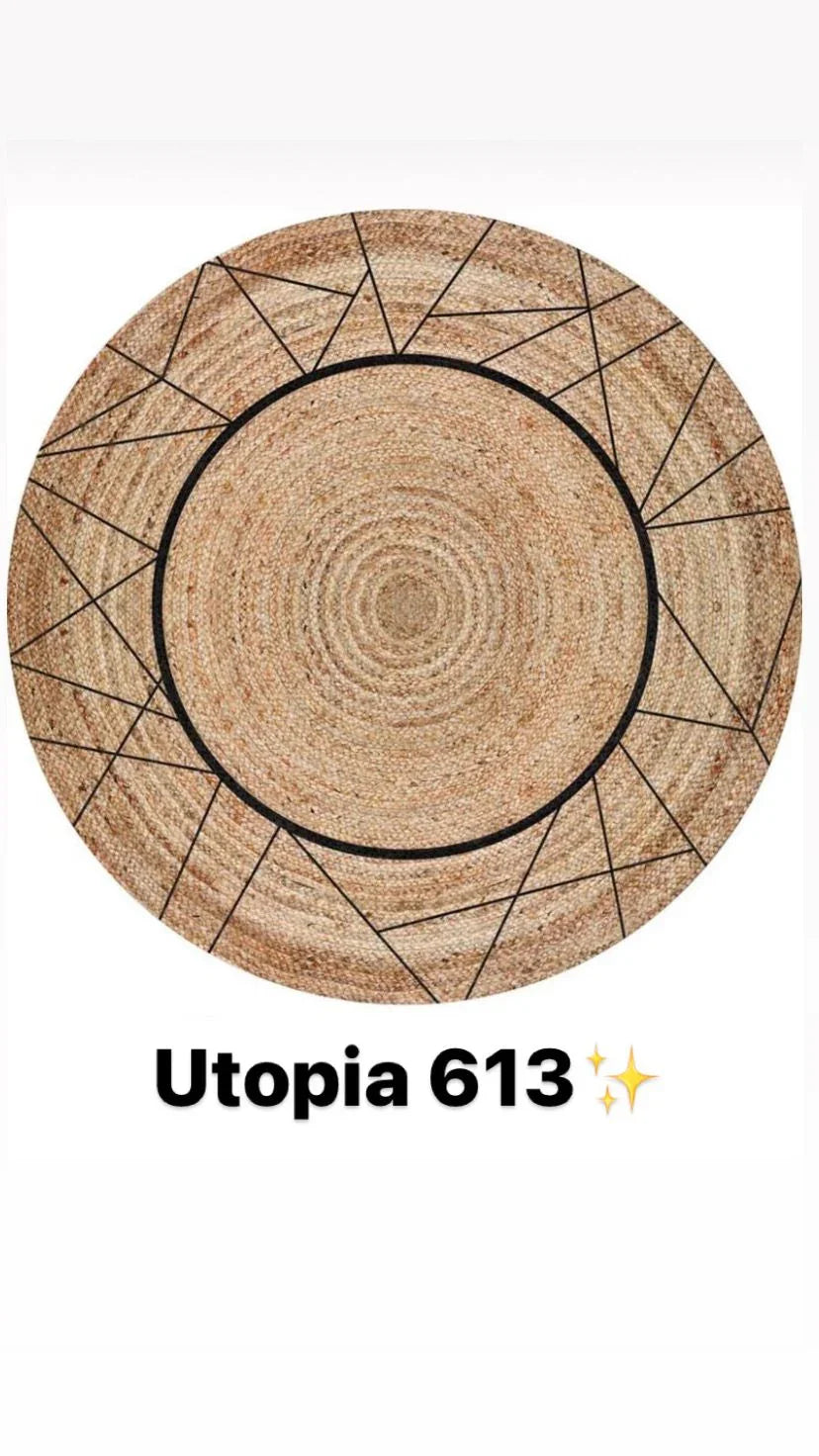 Round natural fiber rug with black geometric border pattern, modern washable design