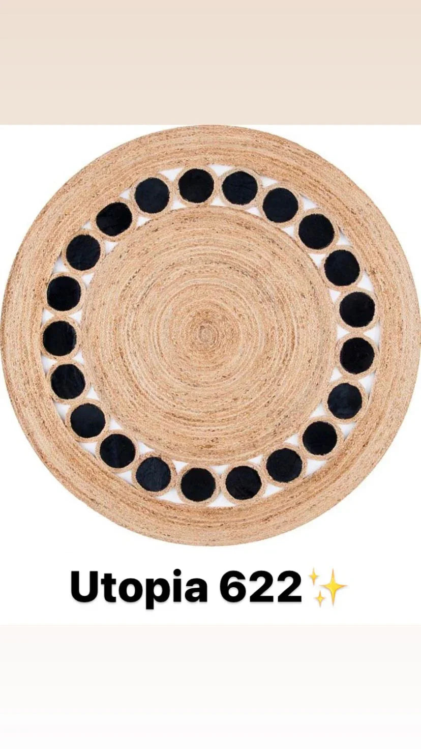 Round natural jute rug with black circular pattern, modern washable carpet design