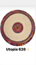 Round washable rug with natural center and colorful braided border, boho design