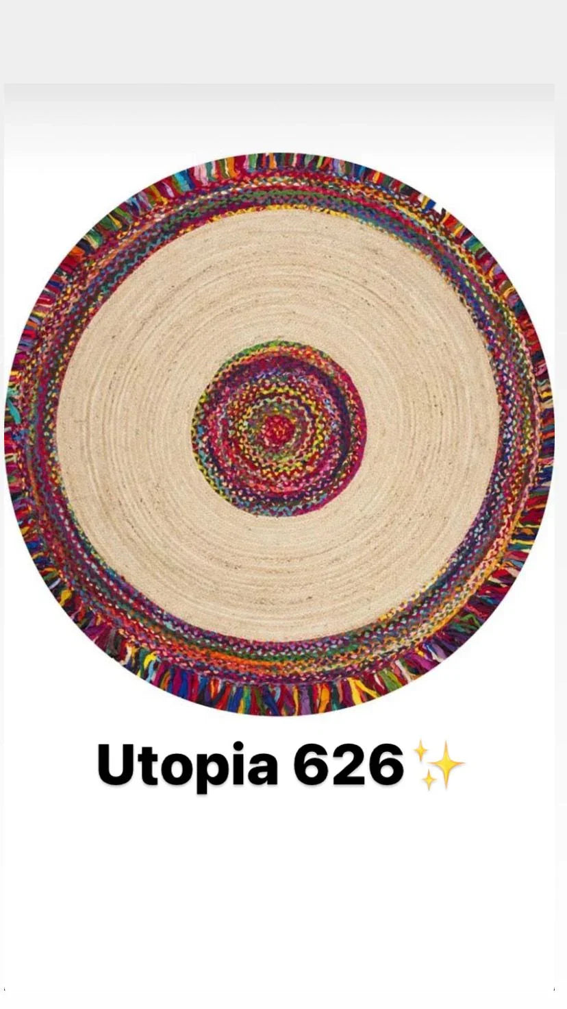 Round washable rug with natural center and colorful braided border, boho design