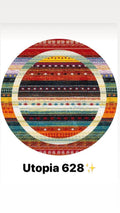Round washable rug with colorful geometric and tribal patterns, model Utopia 628