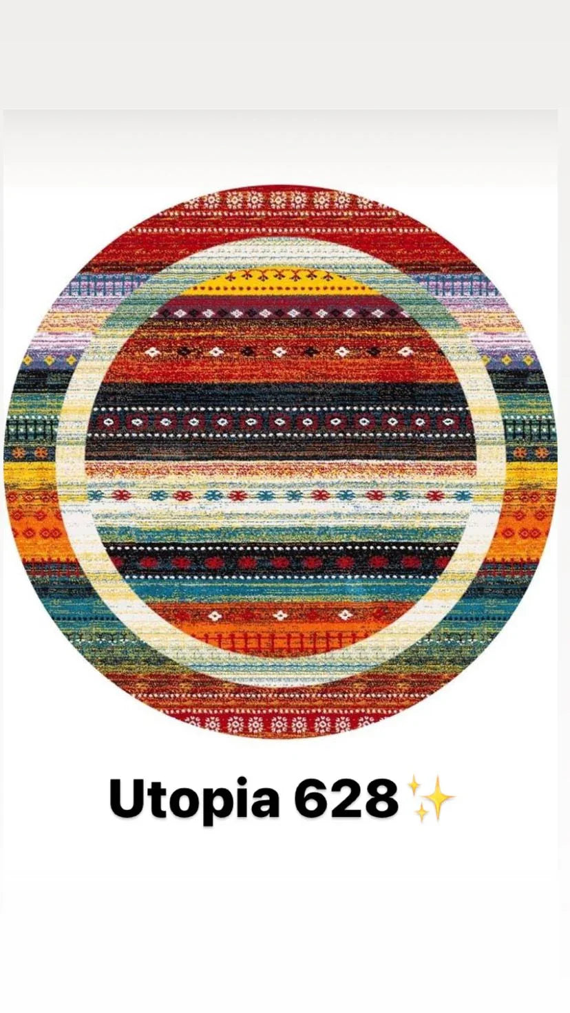 Round washable rug with colorful geometric and tribal patterns, model Utopia 628