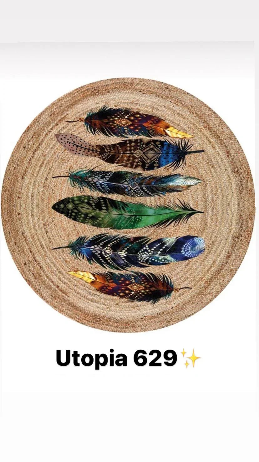 Round natural fiber rug with colorful feather design in the center, boho washable carpet