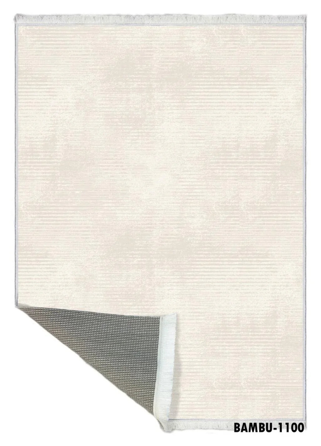 Beige washable bamboo rug with subtle striped texture, corner flipped to show anti-slip backing.