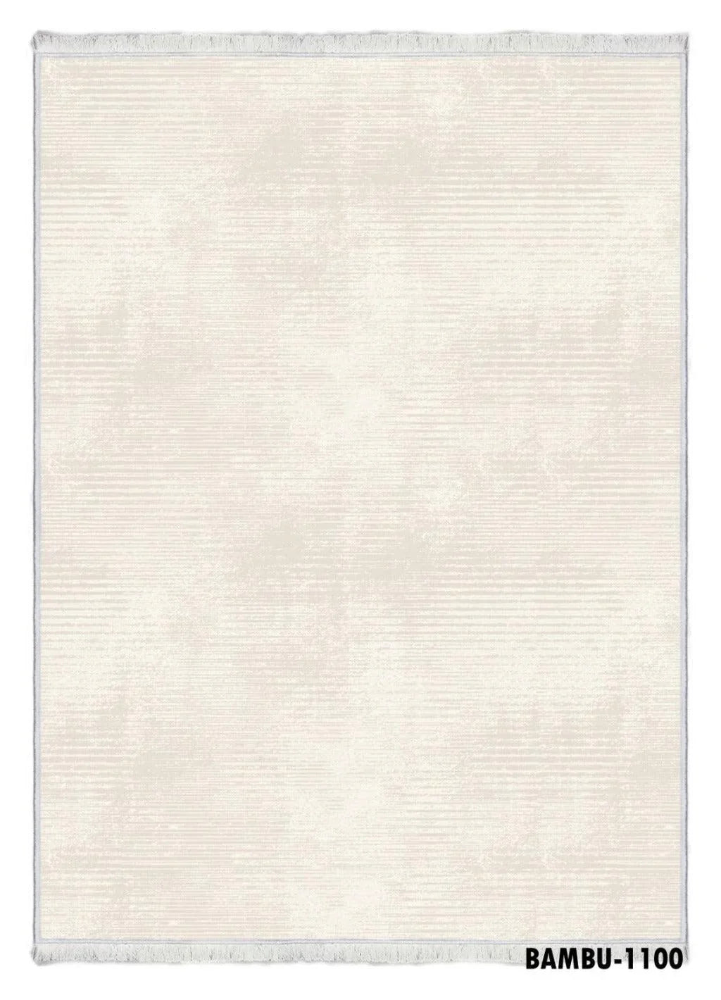 Light beige washable rug with subtle striped texture and fringed edges, labeled BAMBU-1100