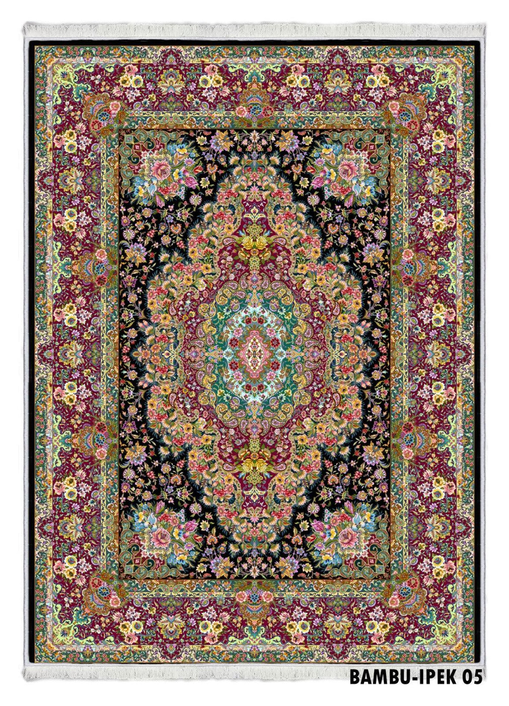 Colorful oriental-style washable rug with intricate floral patterns and fringed edges