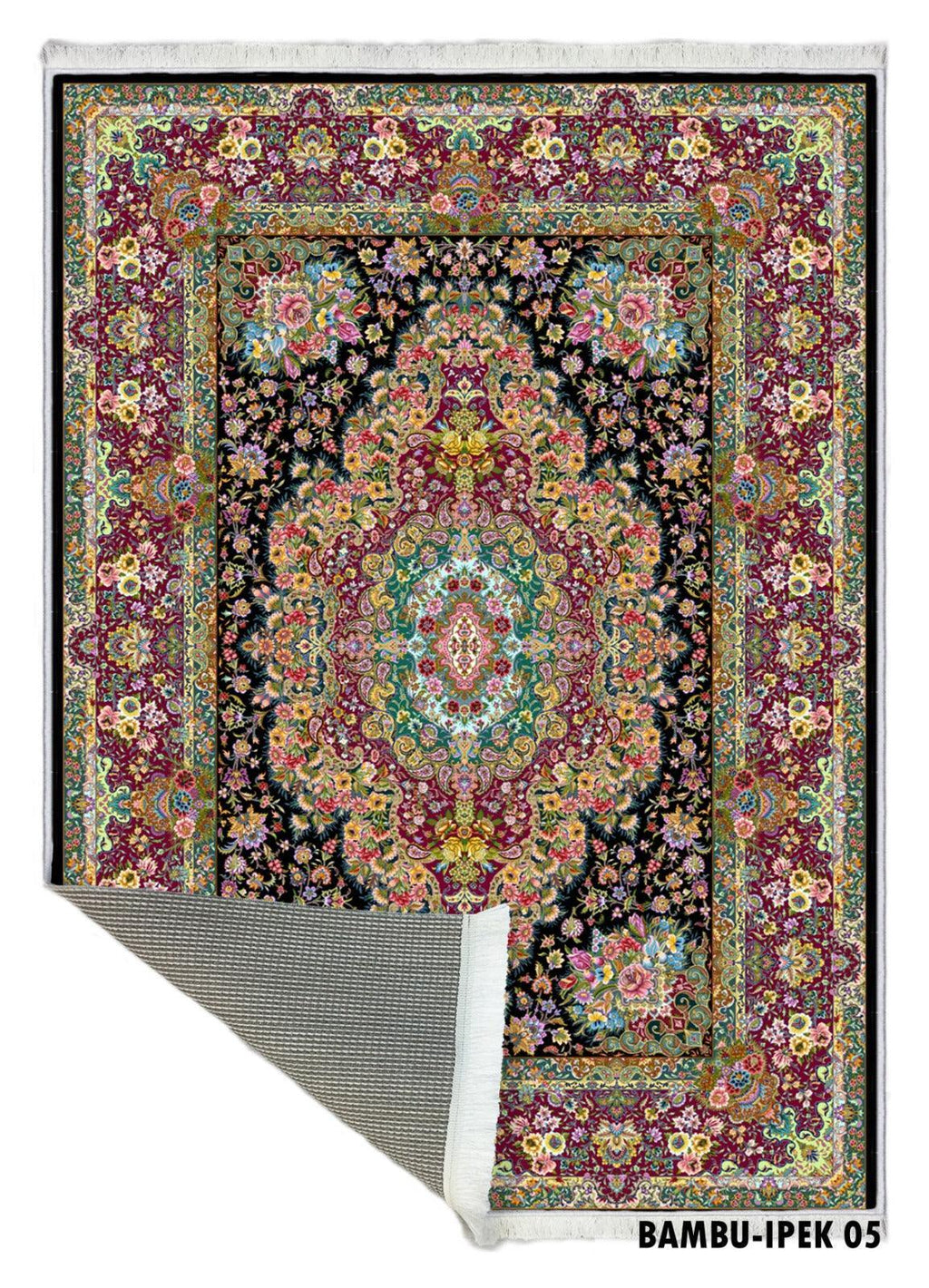 Colorful floral patterned washable area rug with non-slip backing, intricate red and black design.