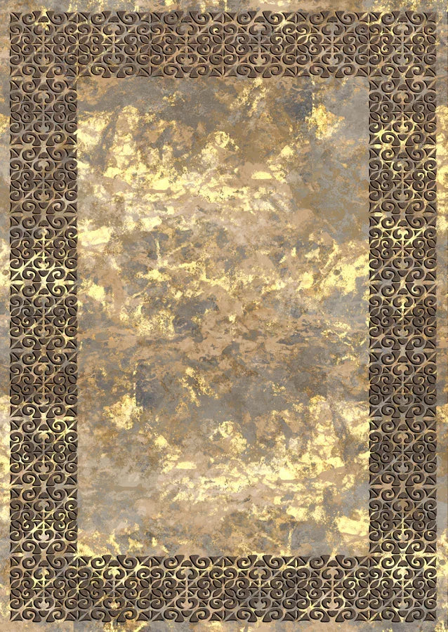 Beige and gold washable rug with ornate patterned border and abstract center design