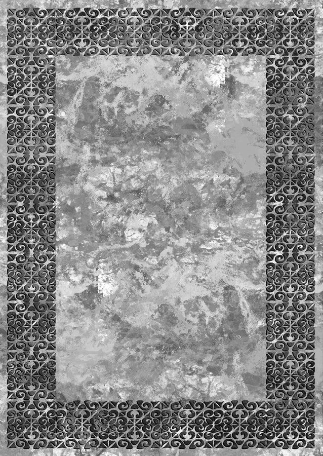 Modern washable rug with grey marble-style center and ornate decorative border pattern.