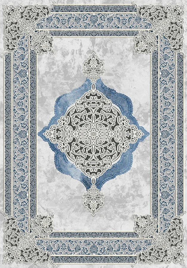 Elegant washable rug with intricate blue and gray oriental patterns and decorative border