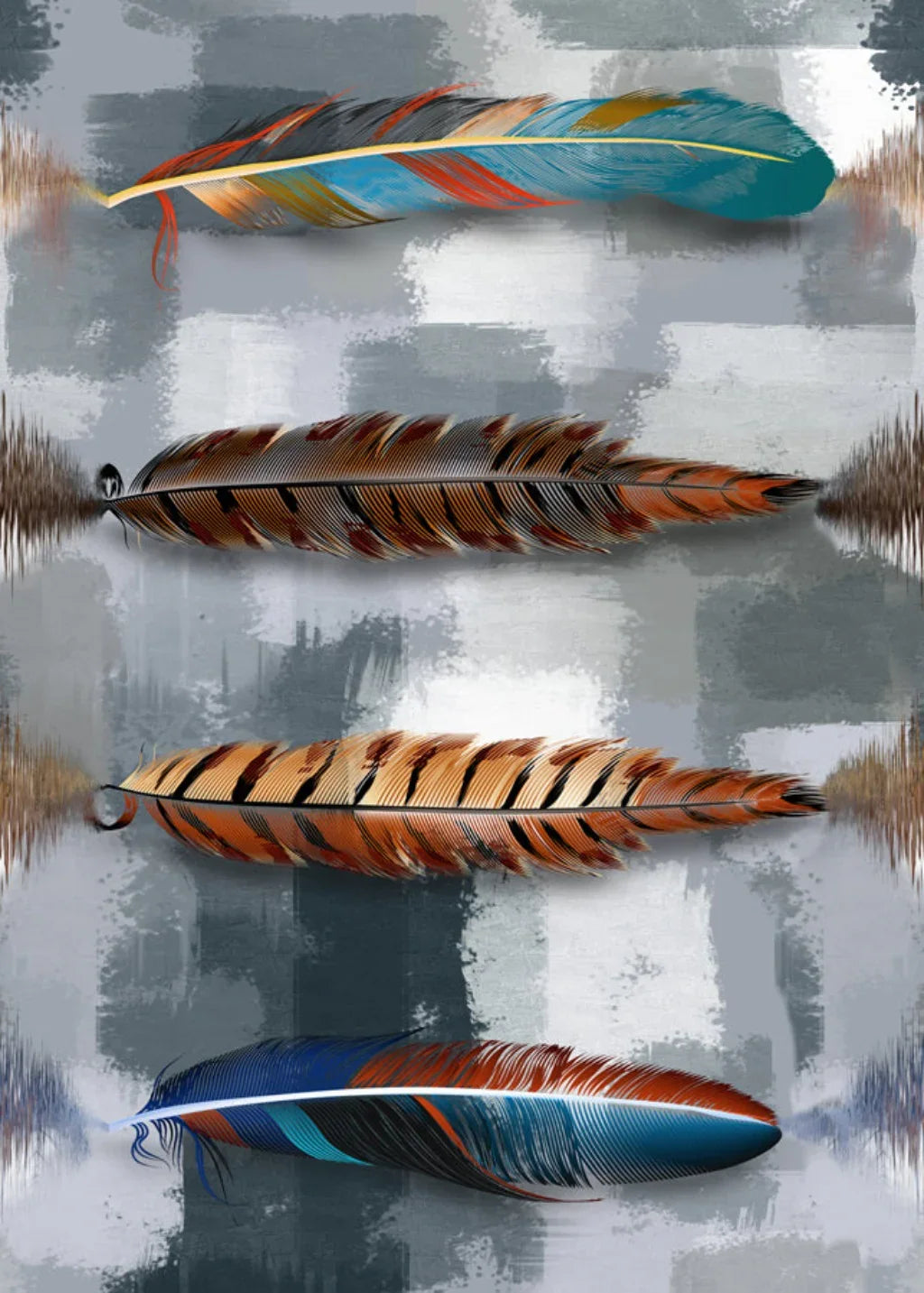 Modern area rug with four colorful feather designs on a gray abstract background