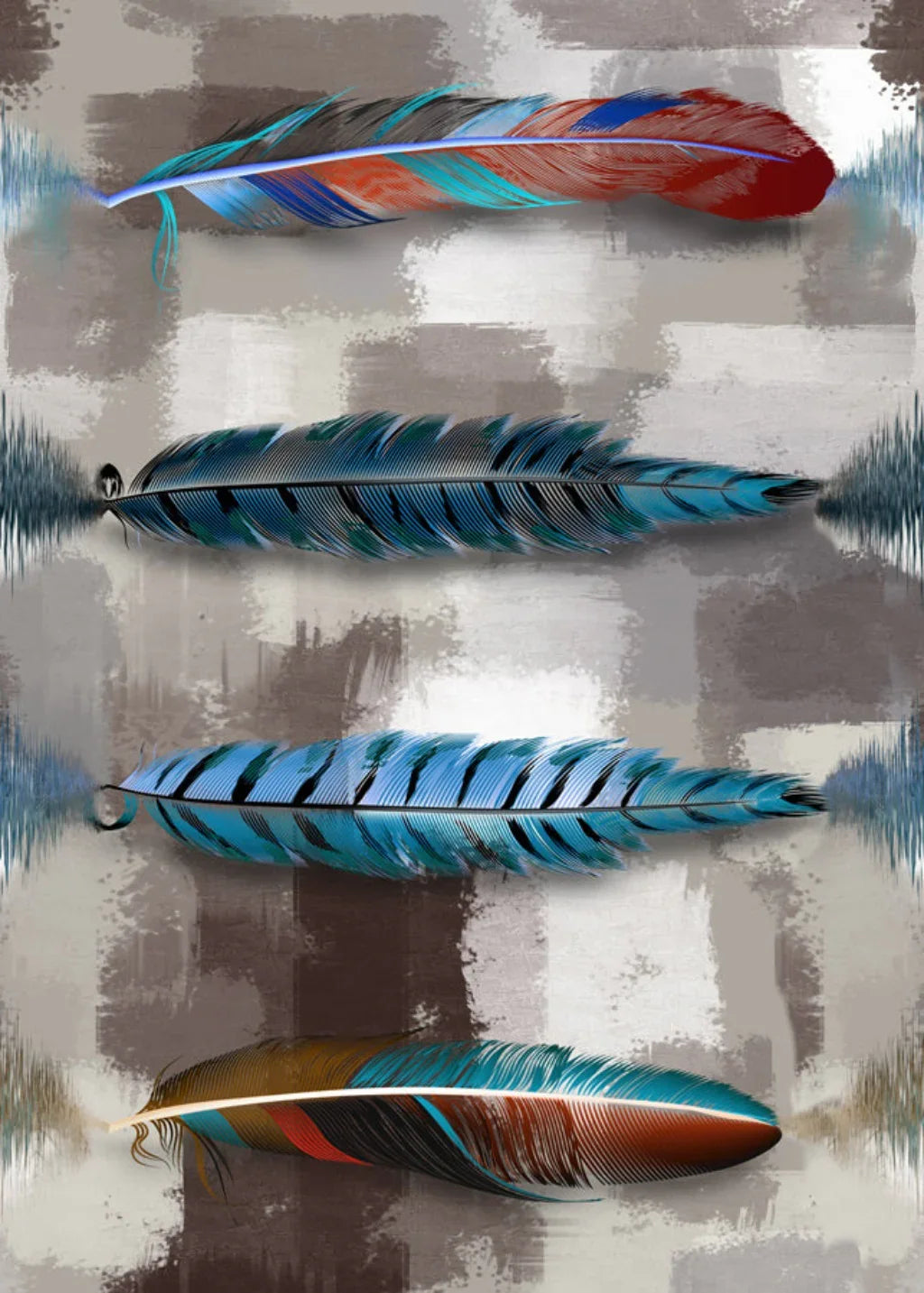 Decorative washable rug with colorful feather designs on a geometric neutral background