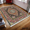 Colorful oriental-style washable rug with intricate floral patterns on wood floor in modern living room