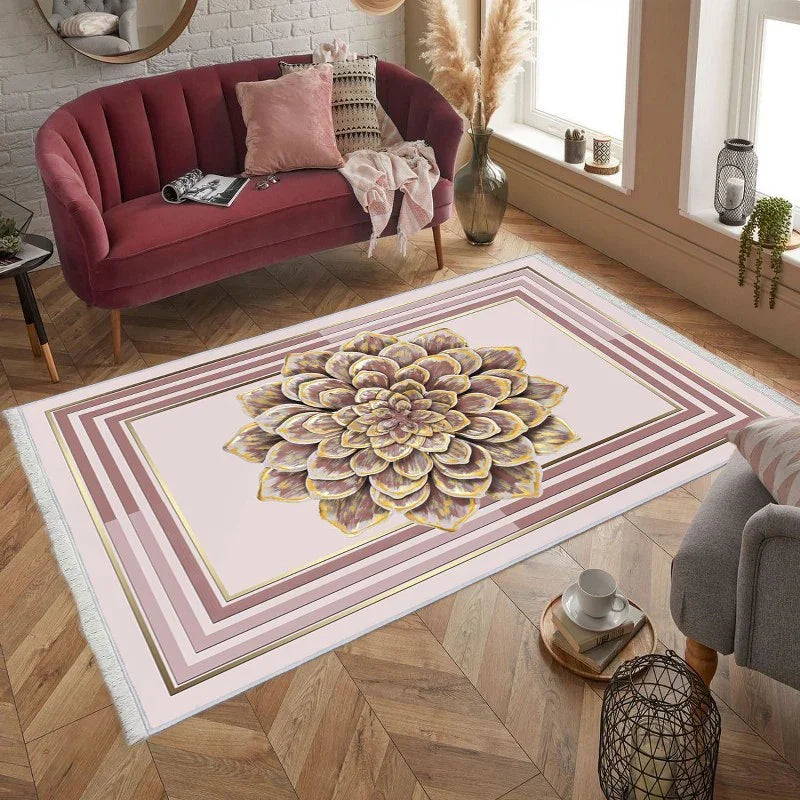 Washable area rug with large floral design in modern living room, pink and beige tones
