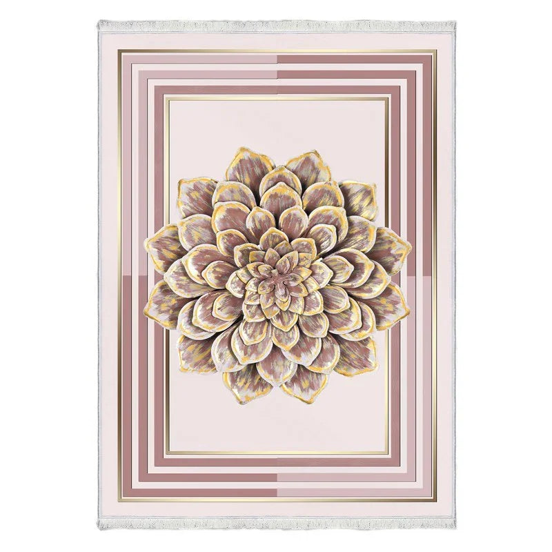 Pink and beige washable rug with large floral pattern and geometric border design