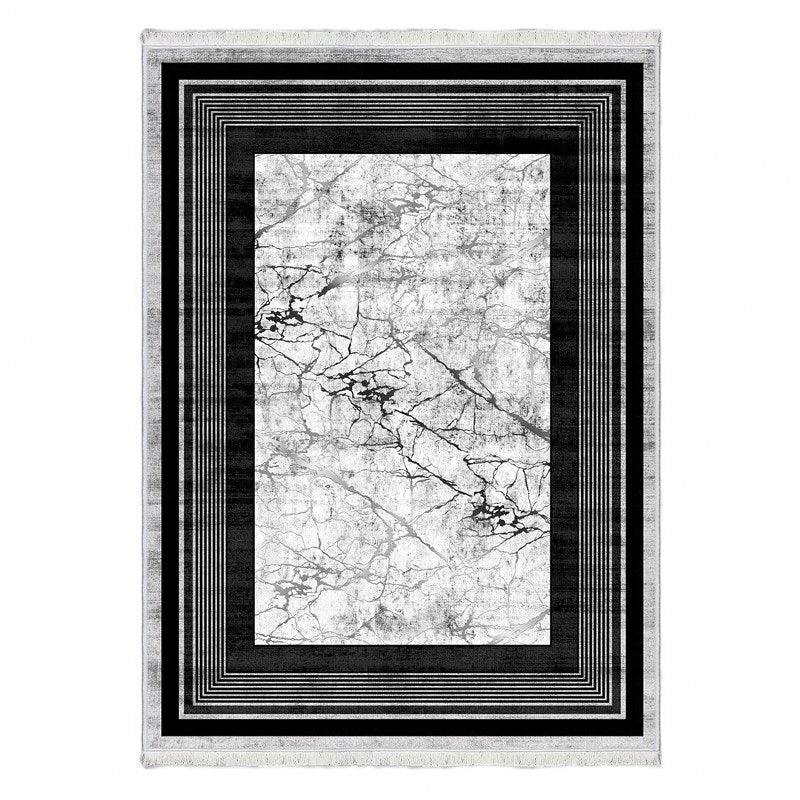 Modern washable rug with black border and marble pattern, rectangular design