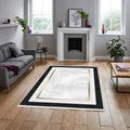 Modern living room with rectangular washable area rug, black and white border design on wood floor