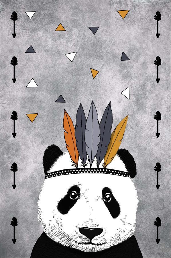 Kids room rug with panda illustration wearing feather headband, geometric gray background