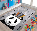 Gray kids' rug with cartoon panda and feathers, surrounded by toys in a colorful playroom