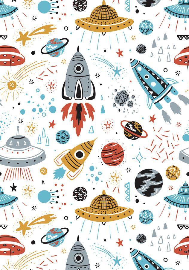 Colorful kids' rug with rockets, UFOs, planets, and stars in a playful space design