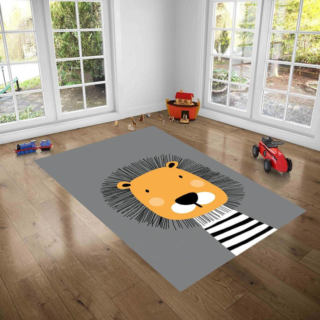 Children's room with washable rug featuring cute lion design, wooden floor, and toys
