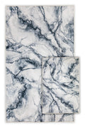 Washable area rugs with black and white marble pattern in two sizes on white background