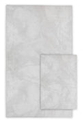 light grey washable area rugs with subtle marbled pattern, shown in two sizes