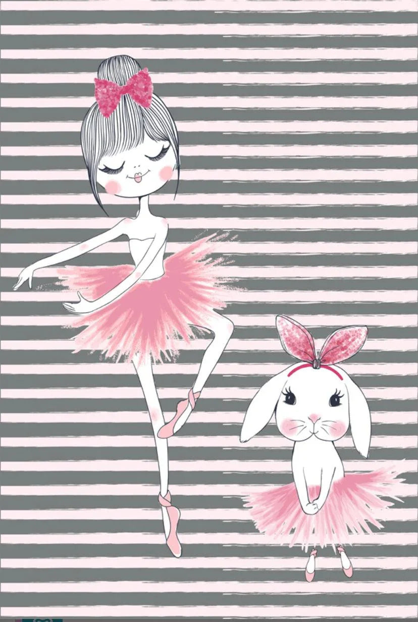 Cartoon ballerina girl and bunny in pink tutus on striped pink and gray background, kids rug design